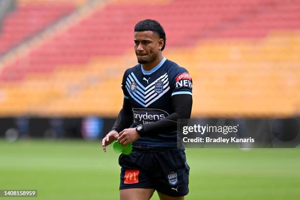 Stephen Crichton practices his goal kicking during a New South Wales Blues State of Origin training session at Suncorp Stadium on July 12, 2022 in...