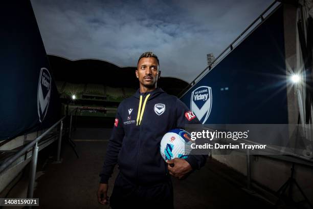 Portuguese football player Nani poses for a photo during a Melbourne Victory A-League media opportunity at AAMI Park on July 12, 2022 in Melbourne,...