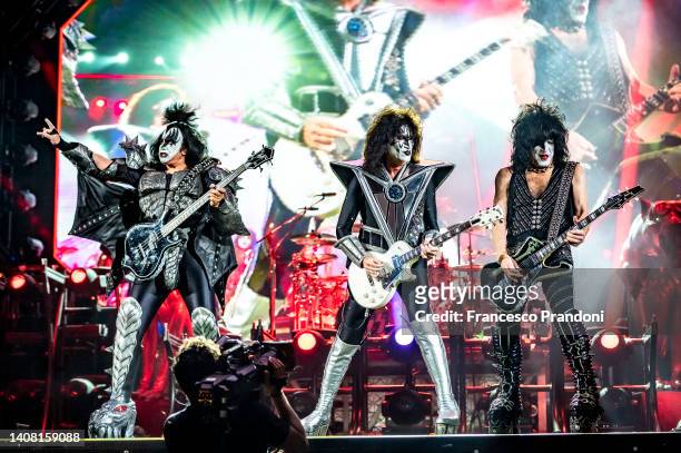 Gene Simmons, Tommy Thayer, Eric Singer and Paul Stanley of KISS perform at Arena di Verona on July 11, 2022 in Verona, Italy.