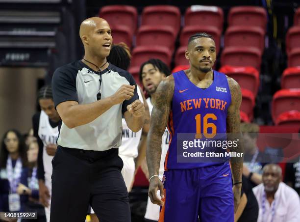 Sports analyst and former NBA player Richard Jefferson calls a foul as DaQuan Jeffries of the New York Knicks looks on as Jefferson officiates the...
