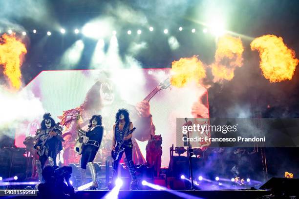 Gene Simmons, Tommy Thayer, Eric Singer and Paul Stanley of KISS perform at Arena di Verona on July 11, 2022 in Verona, Italy.