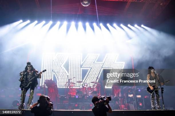 Gene Simmons, Eric Singer and Paul Stanley of KISS perform at Arena di Verona on July 11, 2022 in Verona, Italy.