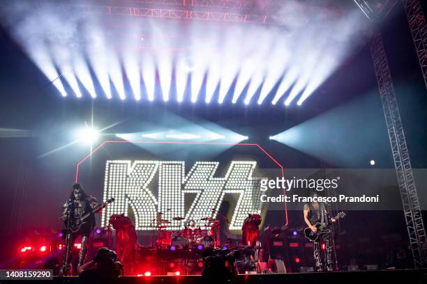 Gene Simmons, Eric Singer and Paul Stanley of KISS perform at Arena di Verona on July 11, 2022 in Verona, Italy.