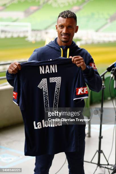 Portuguese football player Nani speaks to the media during a Melbourne Victory A-League media opportunity at AAMI Park on July 12, 2022 in Melbourne,...