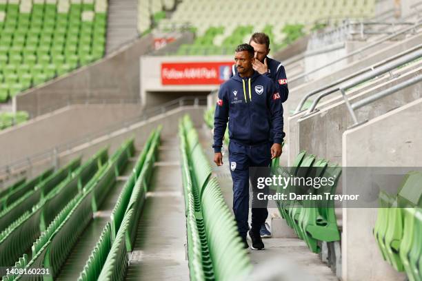 Portuguese football player Nani prepares to speak to the media during a Melbourne Victory A-League media opportunity at AAMI Park on July 12, 2022 in...