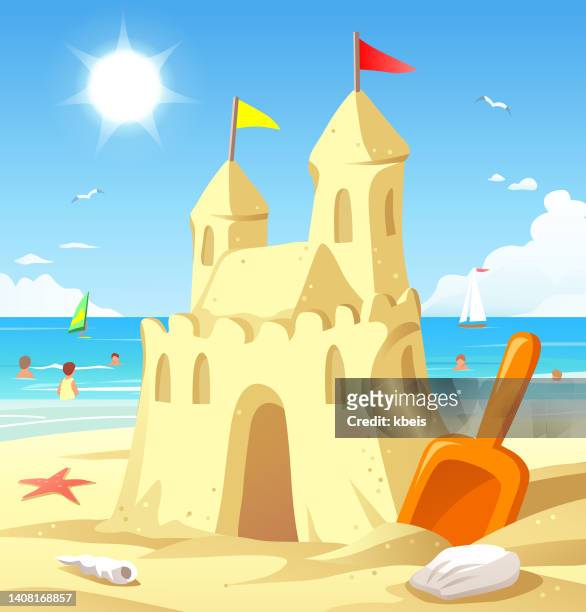 sand castle on the beach - sand sculpture stock illustrations