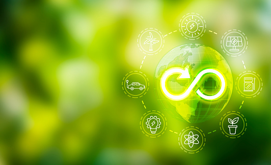 Earth energy environment icon and infinite symbol of environment in the concept of energy in sustainable green nature, technology innovation to reuse and renewable material resources, recycle.