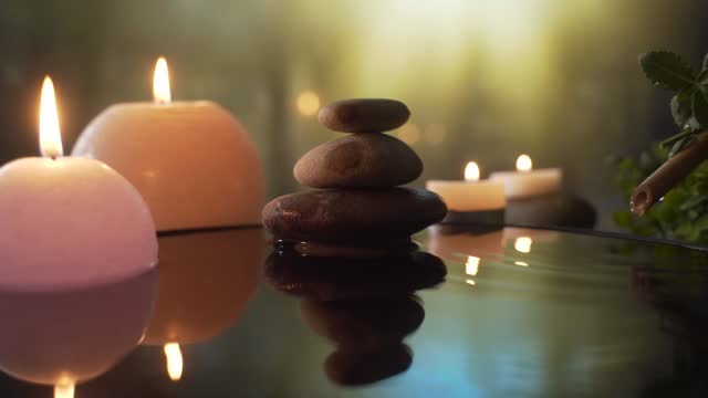 Spa Still Life, Stones massage and Water Relax. Close up. Relaxing view of burning candles. water reflection on blurred background. Relaxation,