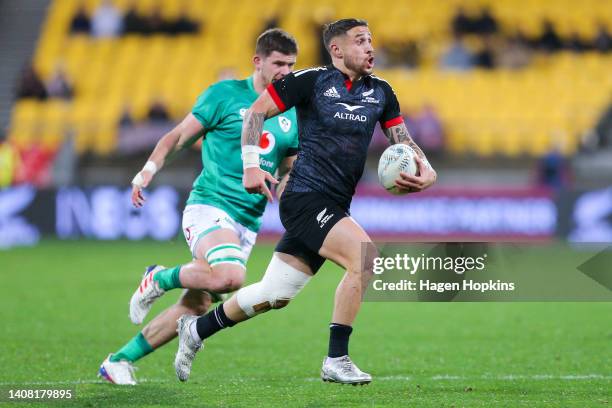 Perenara of the Maori All Blacks makes a break during the match between the New Zealand Maori All Blacks and Ireland at Sky Stadium on July 12, 2022...