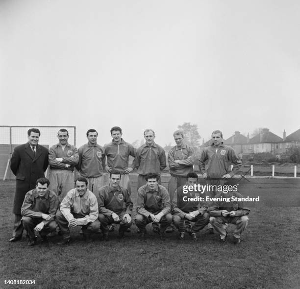 The England team pose for a team photo ahead of their 1963–64 British Home Championship match against Wales, during a training session at Roehampton...