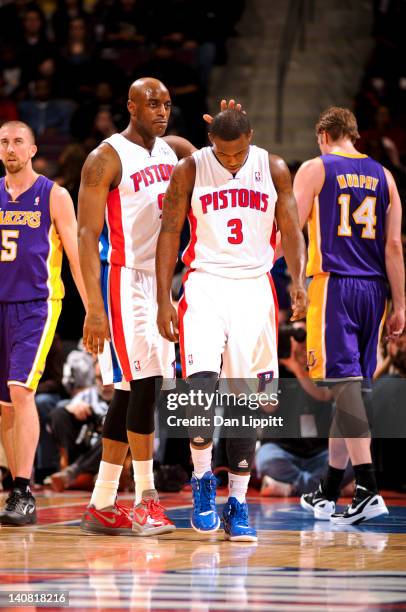 Rodney Stuckey of the Detroit Pistons is congratulated by teammate Damien Wilkins during a game against the Los Angeles Lakers on March 6, 2012 at...