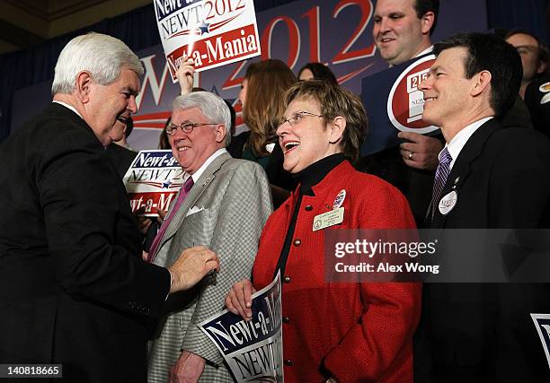 Republican presidential candidate and former Speaker of the House Newt Gingrich greets supporters after being declared the winner of the primary in...