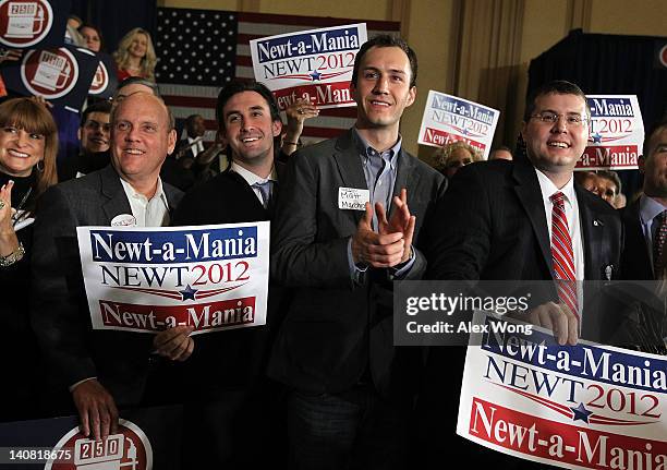 Supporters cheer for Republican presidential candidate, former Speaker of the House Newt Gingrich after being declared the winner of the primary in...