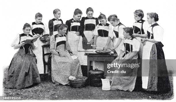 home economics school in bern, switzerland: preparations for the kitchen - home economics class stock illustrations