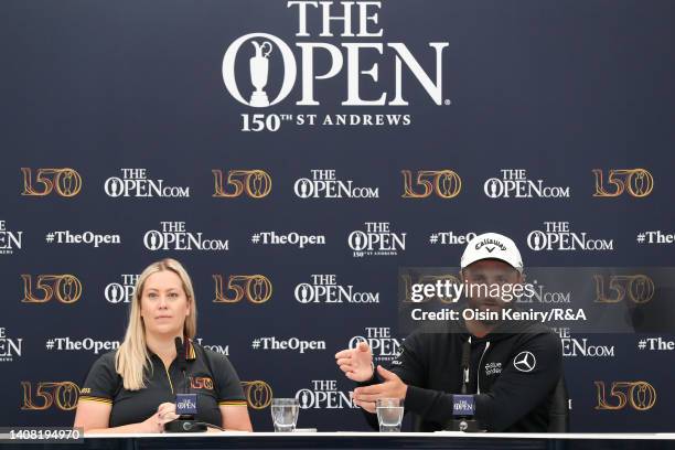 Jon Rahm of Spain speaks to the media in a press conference during a practice round prior to The 150th Open at St Andrews Old Course on July 12, 2022...