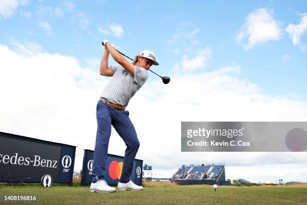 Cameron Smith of Australia tees off the 3rd during a practice round prior to The 150th Open at St Andrews Old Course on July 12, 2022 in St Andrews,...