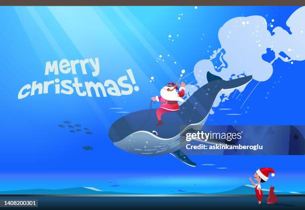 santa clous and whale - santa swimming stock illustrations