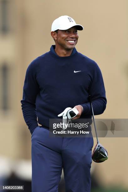 Tiger Woods of The United States looks on from the 17th during a practice round prior to The 150th Open at St Andrews Old Course on July 12, 2022 in...