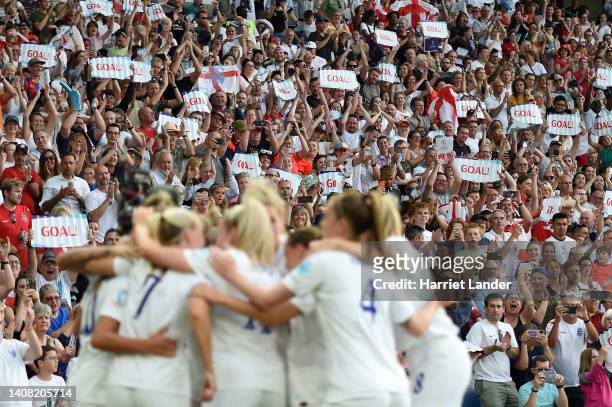 Georgia Stanway of England celebrates in front of the fans with teammates after scoring her team's first goal during the UEFA Women's Euro England...