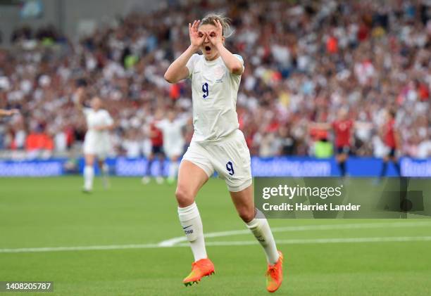 Ellen White of England celebrates after scoring her team's third goal during the UEFA Women's Euro England 2022 group A match between England and...