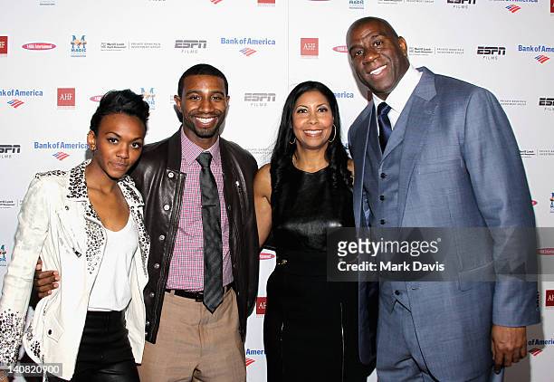 Elisa Johnson, Andre Johnson, Earlitha "Cookie" Johnson and Earvin 'Magic' Johnson attend the Los Angeles Premiere of ESPN Films Documentary 'The...
