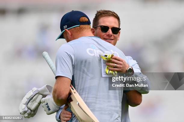 Jonny Bairstow of England hugs former England Captain, Eoin Morgan prior to the start of play during the 1st Royal London Series One Day...