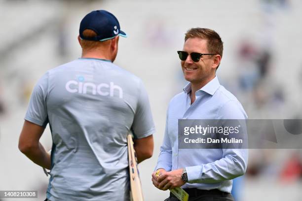 Jonny Bairstow of England talks with former England Captain, Eoin Morgan prior to the start of play during the 1st Royal London Series One Day...