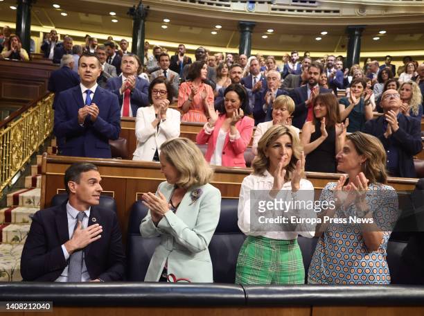 The President of the Government, Pedro Sanchez; the First Vice President and Minister of Economic Affairs, Nadia Calviño; the Second Vice President...
