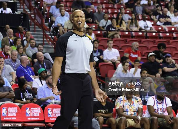 Sports analyst and former NBA player Richard Jefferson reacts to another referee's foul call as he officiates the second quarter of a game between...