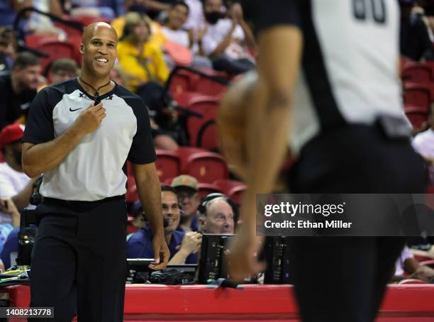 Sports analyst and former NBA player Richard Jefferson officiates the second quarter of a game between the New York Knicks and the Portland Trail...