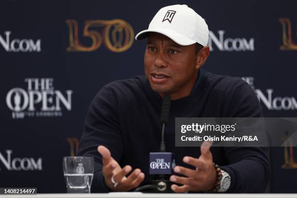 Tiger Woods of the United States speaks in a press conference during a practice round prior to The 150th Open at St Andrews Old Course on July 12,...