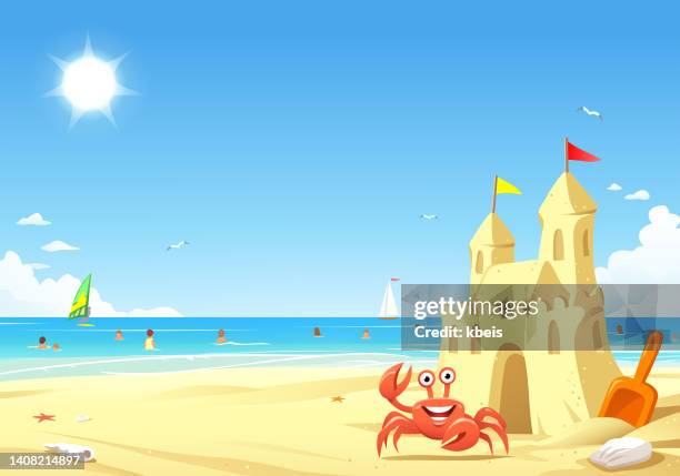 illustrazioni stock, clip art, cartoni animati e icone di tendenza di granchio allegro di fronte al castello di sabbia - granchio