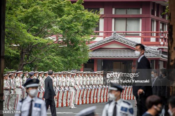 Japan Ground Self-Defense Force honor guard members line up at Zojoji temple where the funeral for Japan's former prime minister Shinzo Abe is held...