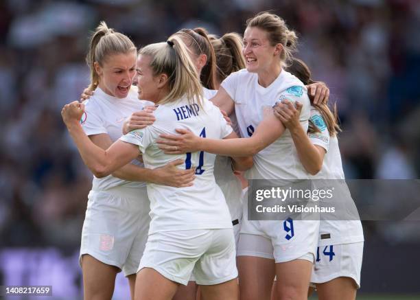 Lauren Hemp of England celebrates her goal with Leah Williamson, Ellen White and team mates during the UEFA Women's Euro England 2022 group A match...