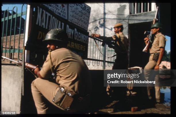 Border Security Forces patrol July 27, 1993 in Jammu and Kashmir, India. Kashmir has been partitioned between India and Pakistan since 1947 with...