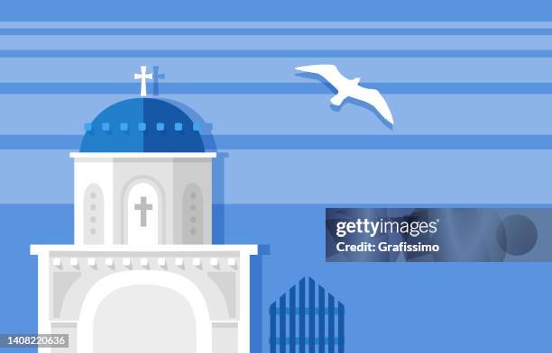 santorini blue dome in oia on greece illustration in flat design - santorini greece stock illustrations