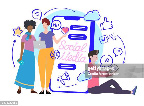 social-media-illustration. freunde, die sich auf messengern unterhalten und chatten - code of conduct stock-grafiken, -clipart, -cartoons und -symbole