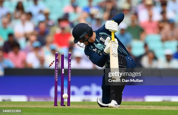 Jason Roy of England is bowled by Jasprit Bumrah of India during the 1st Royal London Series One Day International between England and India at The...