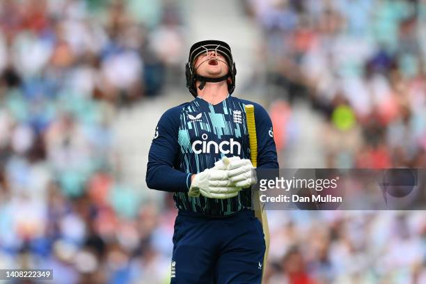 Jason Roy of England reacts after he is bowled by Jasprit Bumrah of India during the 1st Royal London Series One Day International between England...