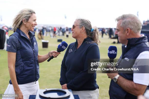 Di Dougherty of Sky Sports speaks with Fanny Sunesson Live at the Range during a practice round prior to The 150th Open at St Andrews Old Course on...