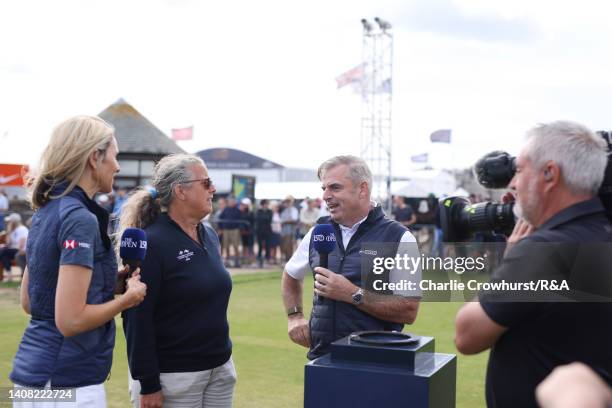 Di Dougherty of Sky Sports speaks with Fanny Sunesson Live at the Range during a practice round prior to The 150th Open at St Andrews Old Course on...