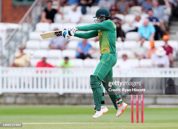 Rassie van der Dussen of South Africa bats during the tour match between England Lions and South Africa at The Cooper Associates County Ground on...
