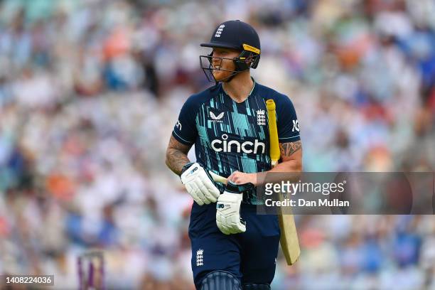 Ben Stokes of England leaves the field dejected after being caught by Rishabh Pant of India during the 1st Royal London Series One Day International...