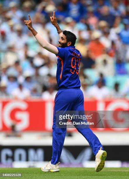 Jasprit Bumrah of India celebrates taking the wicket of Jonny Bairstow of England during the 1st Royal London Series One Day International between...