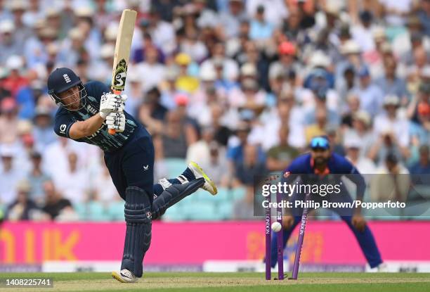 Liam Livingstone of England is bowled by Jasprit Bumrah during the first Royal London ODI between England and India at The Kia Oval on July 12, 2022...