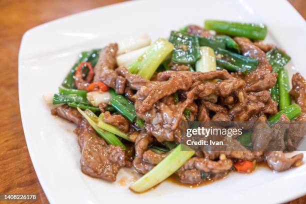 taiwanese cuisine,  stir fried beef with green onion - mongolsk kultur bildbanksfoton och bilder