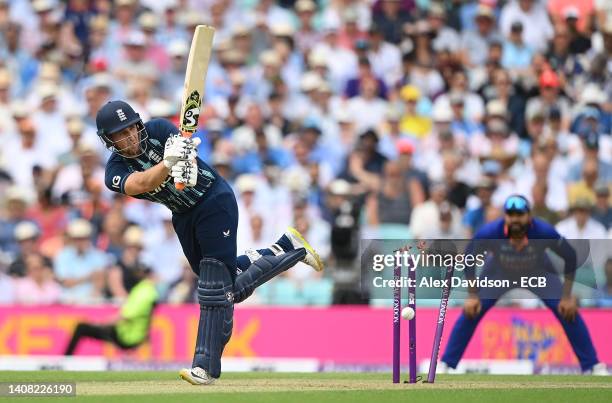 Liam Livingstone of England is bowled by Jasprit Bumrah of India during the 1st Royal London Series One Day International at The Kia Oval on July 12,...