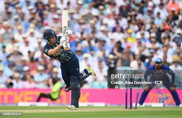 Liam Livingstone of England is bowled by Jasprit Bumrah of India during the 1st Royal London Series One Day International at The Kia Oval on July 12,...