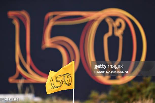 Detailed view of a pin flag on a putting green during a practice round prior to The 150th Open at St Andrews Old Course on July 12, 2022 in St...