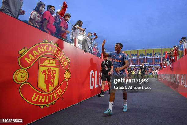 Anthony Marshal of Manchester United waves to the fans during their open training session at the Rajamangala Stadium on July 11, 2022 in Bangkok,...